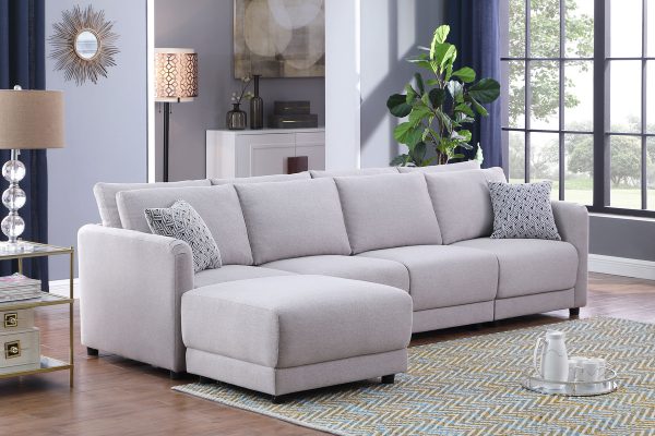 Penelope 111"W Light Gray Linen Fabric 4-Seater Sofa with Ottoman and Pillows