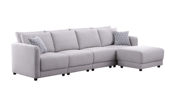 Penelope 111"W Light Gray Linen Fabric 4-Seater Sofa with Ottoman and Pillows - Image 3
