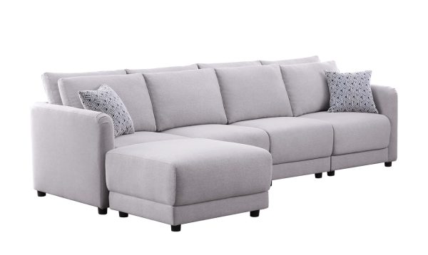 Penelope 111"W Light Gray Linen Fabric 4-Seater Sofa with Ottoman and Pillows - Image 2