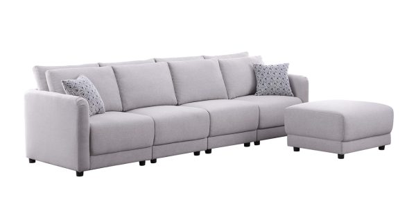 Penelope 111"W Light Gray Linen Fabric 4-Seater Sofa with Ottoman and Pillows - Image 5