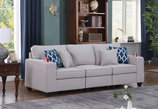 Cooper 93.5"W Light Gray Linen Sofa with Cupholder