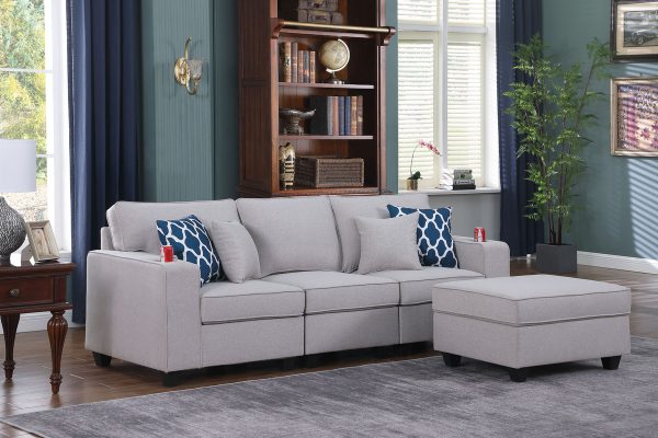 Cooper 93.5"W Light Gray Linen Sofa with Ottoman and Cupholder