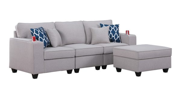 Cooper 93.5"W Light Gray Linen Sofa with Ottoman and Cupholder - Image 3