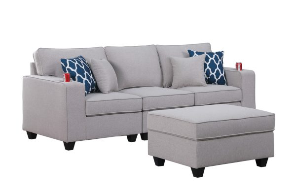 Cooper 93.5"W Light Gray Linen Sofa with Ottoman and Cupholder - Image 2