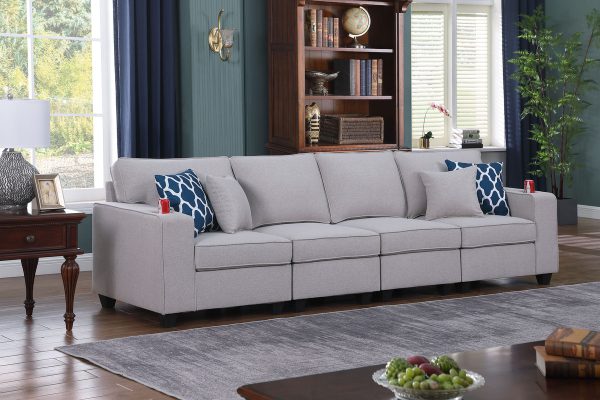 Cooper 119.5"W Light Gray Linen 4-Seater Sofa with Cupholder