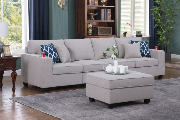 Cooper 119.5"W Light Gray Linen 4-Seater Sofa with Ottoman and Cupholder