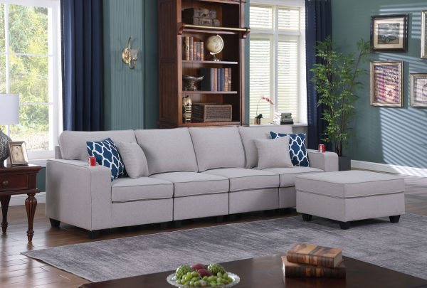 Cooper 119.5"W Light Gray Linen 4-Seater Sofa with Ottoman and Cupholder