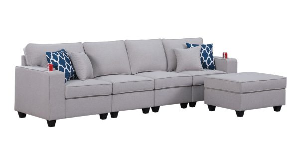 Cooper 119.5"W Light Gray Linen 4-Seater Sofa with Ottoman and Cupholder - Image 3