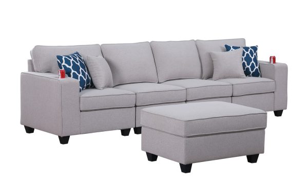 Cooper 119.5"W Light Gray Linen 4-Seater Sofa with Ottoman and Cupholder - Image 2