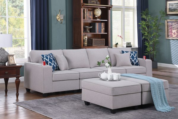 Cooper 119.5"W Light Gray Linen 4-Seater Sofa with 2 Ottomans and Cupholder