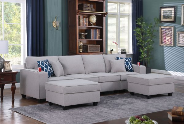 Cooper 119.5"W Light Gray Linen 4-Seater Sofa with 2 Ottomans and Cupholder