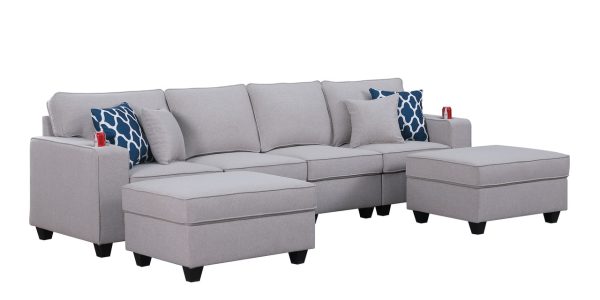 Cooper 119.5"W Light Gray Linen 4-Seater Sofa with 2 Ottomans and Cupholder - Image 4