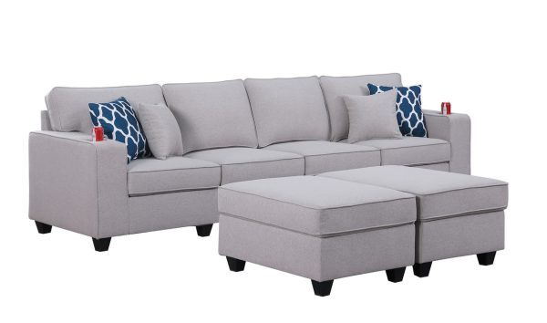 Cooper 119.5"W Light Gray Linen 4-Seater Sofa with 2 Ottomans and Cupholder - Image 3