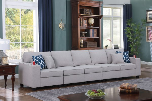 Cooper 145.5"W Light Gray Linen 5-Seater Sofa with Cupholder