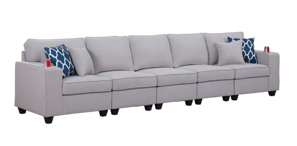 Cooper 145.5"W Light Gray Linen 5-Seater Sofa with Cupholder - Image 3