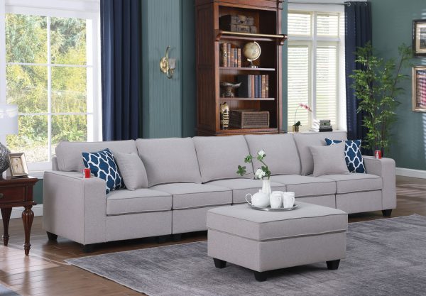 Cooper 145.5"W Light Gray Linen 5-Seater Sofa with Ottoman and Cupholder
