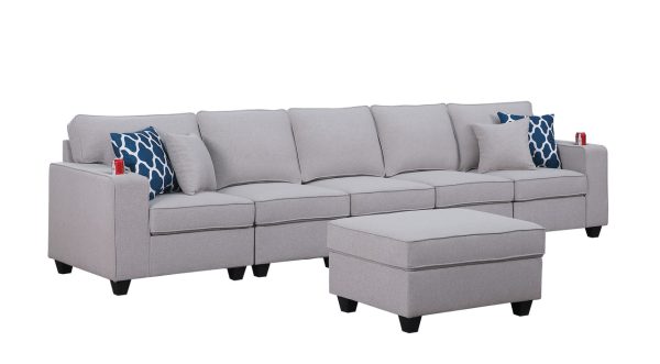 Cooper 145.5"W Light Gray Linen 5-Seater Sofa with Ottoman and Cupholder - Image 3