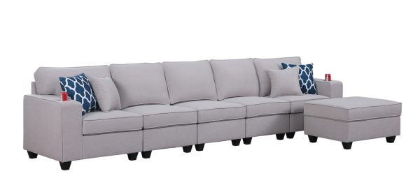 Cooper 145.5"W Light Gray Linen 5-Seater Sofa with Ottoman and Cupholder - Image 2