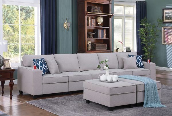Cooper 145.5"W Light Gray Linen 5-Seater Sofa with 2 Ottomans and Cupholder