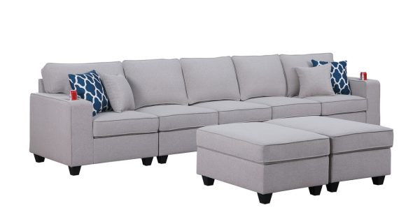 Cooper 145.5"W Light Gray Linen 5-Seater Sofa with 2 Ottomans and Cupholder - Image 4