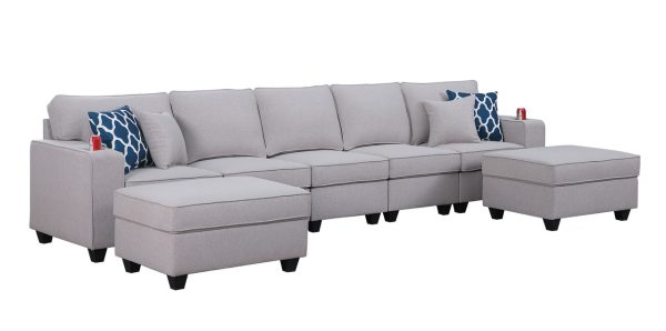 Cooper 145.5"W Light Gray Linen 5-Seater Sofa with 2 Ottomans and Cupholder - Image 3