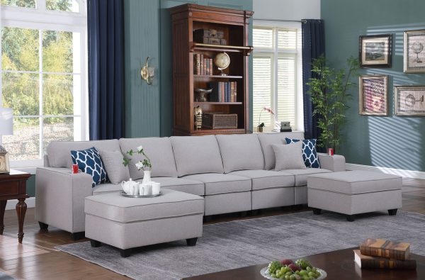 Cooper 145.5"W Light Gray Linen 5-Seater Sofa with 2 Ottomans and Cupholder