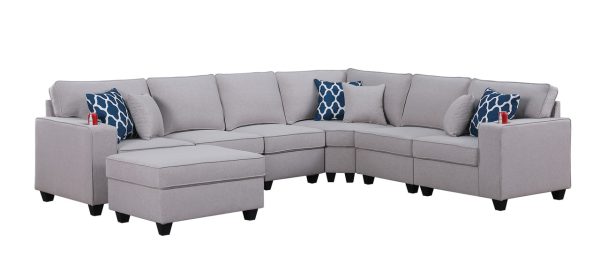 Cooper 125"W Light Gray Linen 7Pc Reversible L-Shape Sectional Sofa with Ottoman and Cupholder - Image 3