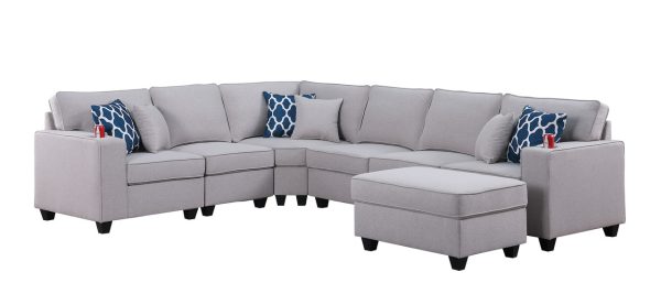 Cooper 125"W Light Gray Linen 7Pc Reversible L-Shape Sectional Sofa with Ottoman and Cupholder - Image 2
