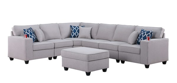 Cooper 125"W Light Gray Linen 7Pc Reversible L-Shape Sectional Sofa with Ottoman and Cupholder - Image 7