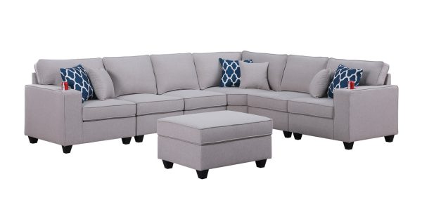 Cooper 125"W Light Gray Linen 7Pc Reversible L-Shape Sectional Sofa with Ottoman and Cupholder - Image 6