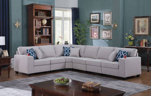 Cooper 125"W Light Gray Linen 6Pc Reversible L-Shape Sectional Sofa with Cupholder