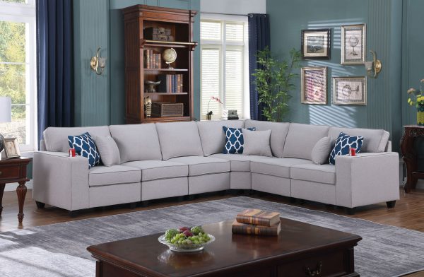 Cooper 125"W Light Gray Linen 6Pc Reversible L-Shape Sectional Sofa with Cupholder