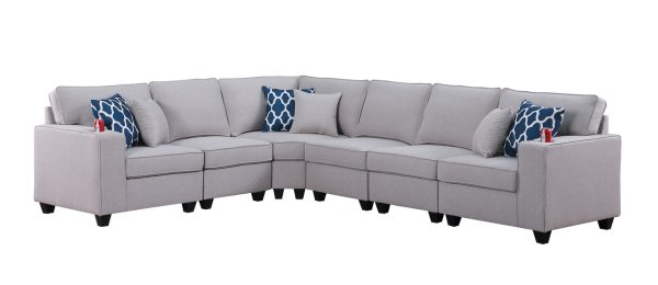 Cooper 125"W Light Gray Linen 6Pc Reversible L-Shape Sectional Sofa with Cupholder - Image 2