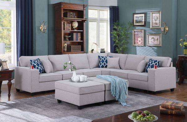 Cooper 125"W Light Gray Linen 8Pc Reversible L-Shape Sectional Sofa with Ottomans and Cupholder