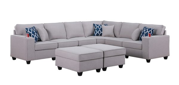 Cooper 125"W Light Gray Linen 8Pc Reversible L-Shape Sectional Sofa with Ottomans and Cupholder - Image 2