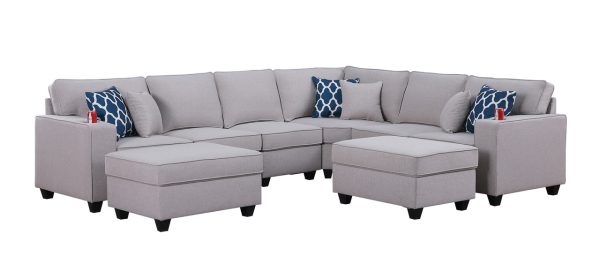 Cooper 125"W Light Gray Linen 8Pc Reversible L-Shape Sectional Sofa with Ottomans and Cupholder - Image 5