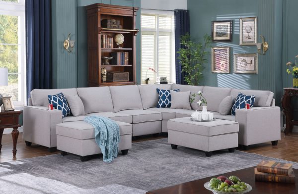 Cooper 125"W Light Gray Linen 8Pc Reversible L-Shape Sectional Sofa with Ottomans and Cupholder