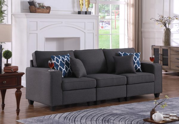 Cooper 93.5"W Dark Gray Linen Sofa with Cupholder