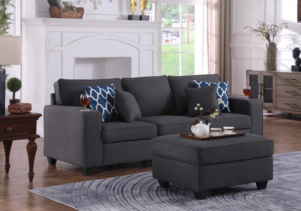 Cooper 93.5"W Dark Gray Linen Sofa with Ottoman and Cupholder
