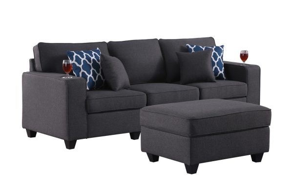 Cooper 93.5"W Dark Gray Linen Sofa with Ottoman and Cupholder - Image 3
