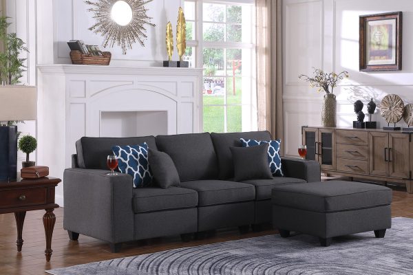 Cooper 93.5"W Dark Gray Linen Sofa with Ottoman and Cupholder