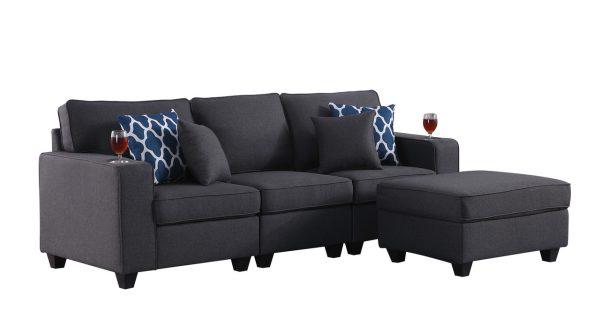Cooper 93.5"W Dark Gray Linen Sofa with Ottoman and Cupholder - Image 4