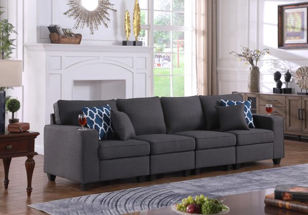 Cooper 119.5"W Dark Gray Linen 4-Seater Sofa with Cupholder