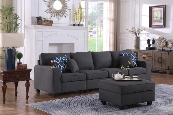Cooper 119.5"W Dark Gray Linen 4-Seater Sofa with Ottoman and Cupholder
