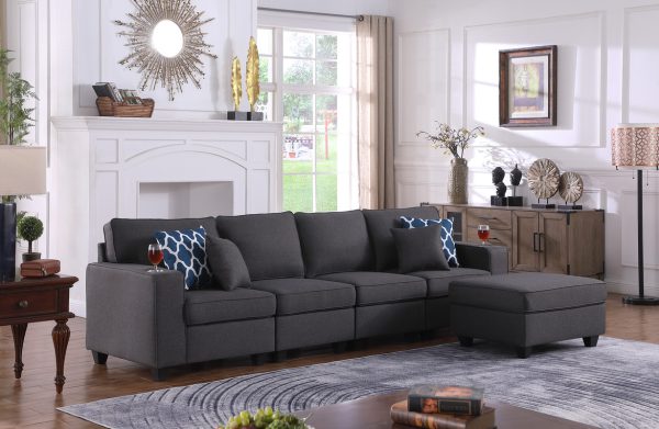 Cooper 119.5"W Dark Gray Linen 4-Seater Sofa with Ottoman and Cupholder