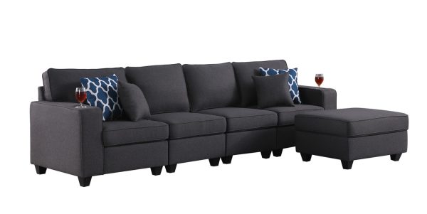 Cooper 119.5"W Dark Gray Linen 4-Seater Sofa with Ottoman and Cupholder - Image 3