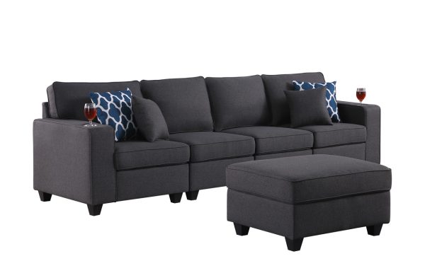 Cooper 119.5"W Dark Gray Linen 4-Seater Sofa with Ottoman and Cupholder - Image 2