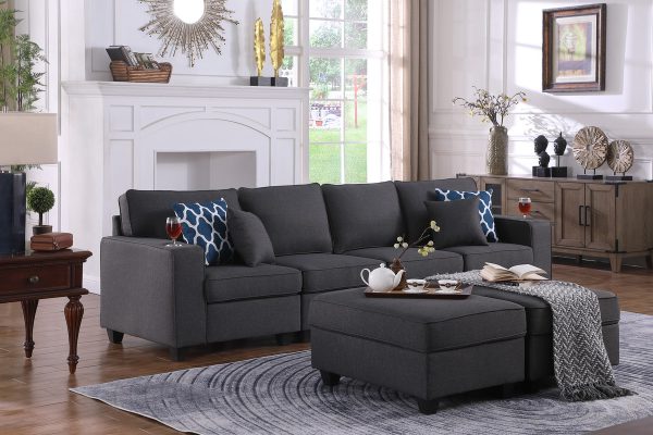 Cooper 119.5"W Dark Gray Linen 4-Seater Sofa with 2 Ottomans and Cupholder