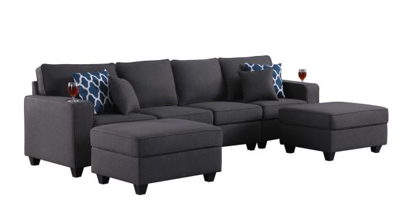 Cooper 119.5"W Dark Gray Linen 4-Seater Sofa with 2 Ottomans and Cupholder - Image 3