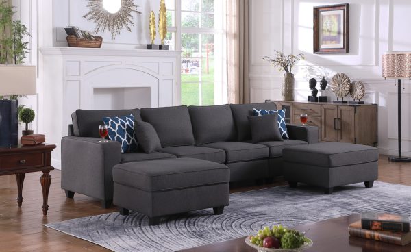 Cooper 119.5"W Dark Gray Linen 4-Seater Sofa with 2 Ottomans and Cupholder